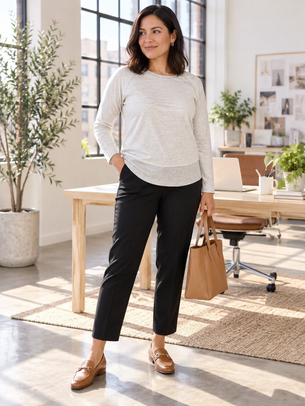 Kersh Ivory Gray Striped Raglan Top Small